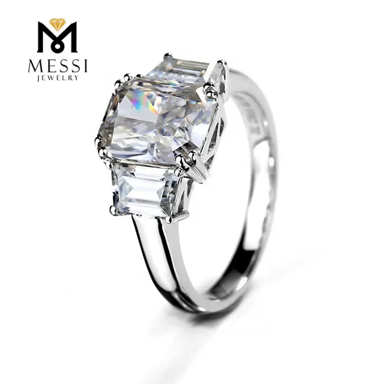 Messi jewelry 14k 18k white gold octagon moissanite engagement rings three stones woman ring in factory price