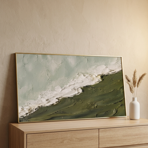 Peinture Paysage Marin Minimaliste Originale Faite à la Main, Vert Olive et Blanc, en Plâtre Texturé, sur Toile Épaisse en Mousse, Style Wabi Sabi, <span class=keywords><strong>Roya</strong></span> - Product Image 5