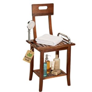 Tabouret de douche en teck avec dossier, rangement double couche, siège antidérapant pour personnes âgées - Product Image 1