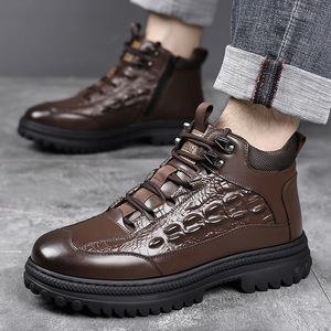 Bottes d'hiver pour hommes, hauteur cheville, en cuir véritable, doublure en fourrure chaude, semelle extérieure en caoutchouc antidérapante, bout rond, pour la randonnée en plein air - Product Image 3