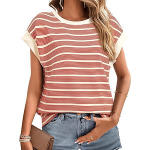 Camiseta de punto a rayas de manga corta para mujer, personalizada, informal, con cuello redondo, holgada, a la moda, para primavera - Product Image 2