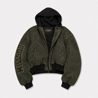 Blouson Bomber Homme Personnalisé OEM ODM à Capuche 100% Coton Épais avec Fermeture Éclair et Broderie Lettres Design Vintage Délavé Style Streetwear