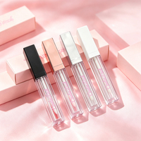 Tube carré transparent de 5 ml pour brillant à lèvres, avec bouchon rose doré, conteneur vide pour huile à lèvres, applicateur or et noir, avec boîte et logo