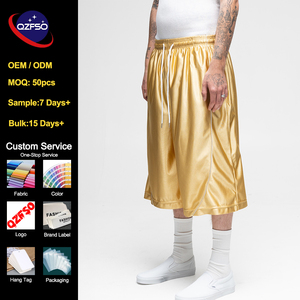 QZFSO Custom Retro American Streetwear Shiny Satin <b>Shorts</b> Heavyweight Baggy Loose Fit <b>Over</b> <b>the</b> <b>Knee</b> Wide Leg <b>Shorts</b> for Men - Product Image 1