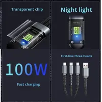 Kabel Data 3-in-1 Tipe-C Pengisian Daya Super Cepat 100W dengan LED Transparan untuk Penggunaan Komputer dan Mobil