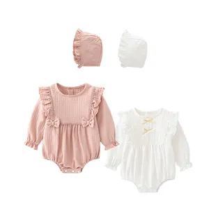 High Quality 100% Cotton New Born Baby Flying Sleeve Romper 0-18 Months Baby Crawling Suits Free Hat