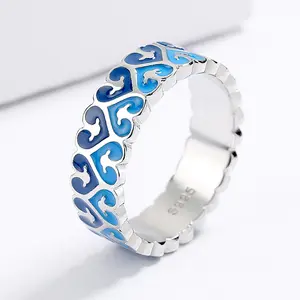 Fashion Jewelry KYRA01768 Simple Design Exquisite Blue Enamel Heart Shape Silver Jewelry Ring For Women