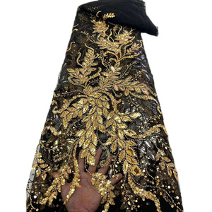 Tela de encaje bordado con lentejuelas de 125CM de ancho con tubos metálicos, cuentas de perlas y película dorada para Material de vestido de moda - Product Image 4