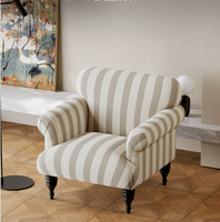 Fauteuil de Style Rétro Français Chaise Tigre en Lin Rayé Vintage pour Petits Espaces Mid-Century Moderne Chambre Hôtel Salon