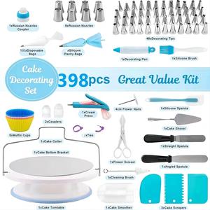 Kit di 398 Pezzi per Decorazione Torte Ecologico, Utensili da <span class=keywords><strong>Pasticceria</strong></span>, Piatto Girevole in Plastica con Supporto, Include Set per Decorazione con Glassa - Product Image 6