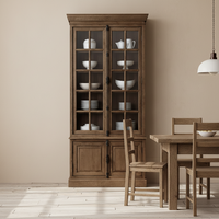 Vitrine haute vintage américaine rustique en bois avec portes vitrées et rangements pour salle à manger et salon