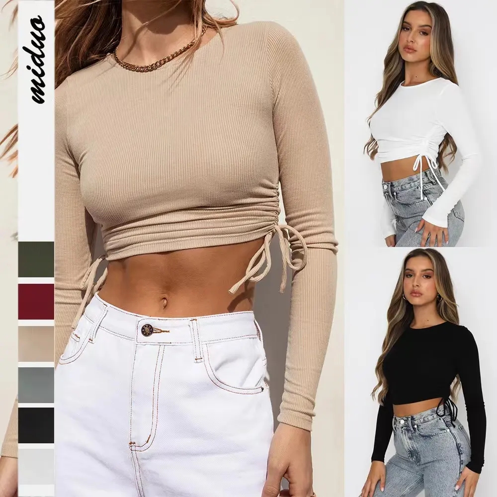 2022 fall winter women T-shirt solid neon bandage skinny long sleeve pullover tops casual knit cotton crop tops for women lady