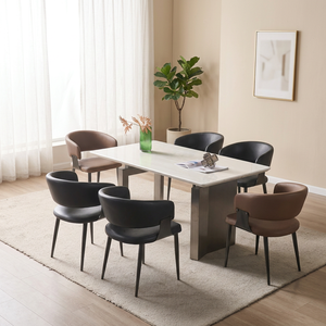 Modern Rectangle <b>Dining</b> <b>Table</b> Set 6 Seats Metal Legs Stone <b>Top</b> Stable Design <b>Dining</b> Room Furniture - Product Image 2