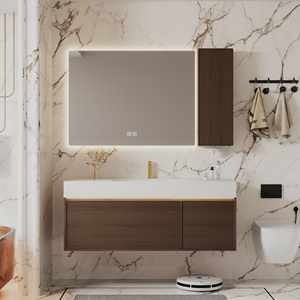Mueble de Baño Flotante, Gabinete de Madera Sólida Impermeable con <span class=keywords><strong>Espejo</strong></span> LED con Iluminación Lateral y Gabinete de Almacenamiento Lateral Independiente - Product Image 1