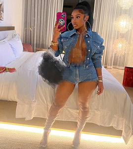 Giacca e pantaloncini in jeans primavera Set due pezzi di jeans per donna Streetwear donna Set <span class=keywords><strong>Denim</strong></span> - Product Image 4