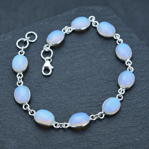925 <b>Sterling</b> <b>Silver</b> Rhodium-Plated Bezel Setting Opalite Vintage Charm <b>Bracelet</b> for Everyday Wear - Product Image 1