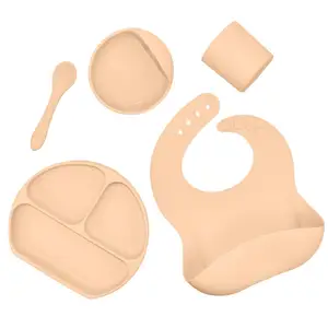 Food Grade Baby Supplies Products Baby Silicone Divided Plate And Bibs Silicone Suction Plate Feeding Set