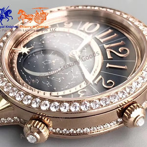 Montre mécanique pour femme en or rose avec phases de lune, lunette sertie de diamants, bracelet en cuir noir, montre-bracelet de luxe - Product Image 4