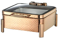 Conteneur de buffet en verre résistant à la chaleur avec finition martelée or rose, support robuste, capacité 6L/9L, maintien au chaud 48 heures