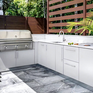 JOYEDA Isla de Cocina Exterior Moderna de Acero Inoxidable con Ruedas, Encimeras, Unidades de Piedra, Refrigerador, Grifo y Bisagras - Prefabricada Modular - Product Image 1