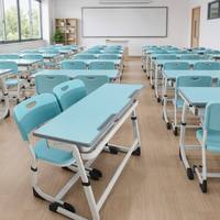 Bureau d'étudiant moderne 2 places avec chaises, cadre métallique réglable en hauteur, ensemble table et chaises pour salle de classe avec étagère de rangement et plateau à stylos