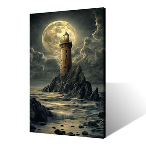 Arte Murale Moderna con Paesaggio Costiero, Stampa Digitale Ecologica, Paesaggio Marino Notturno con Onde Oceaniche - Product Image 1