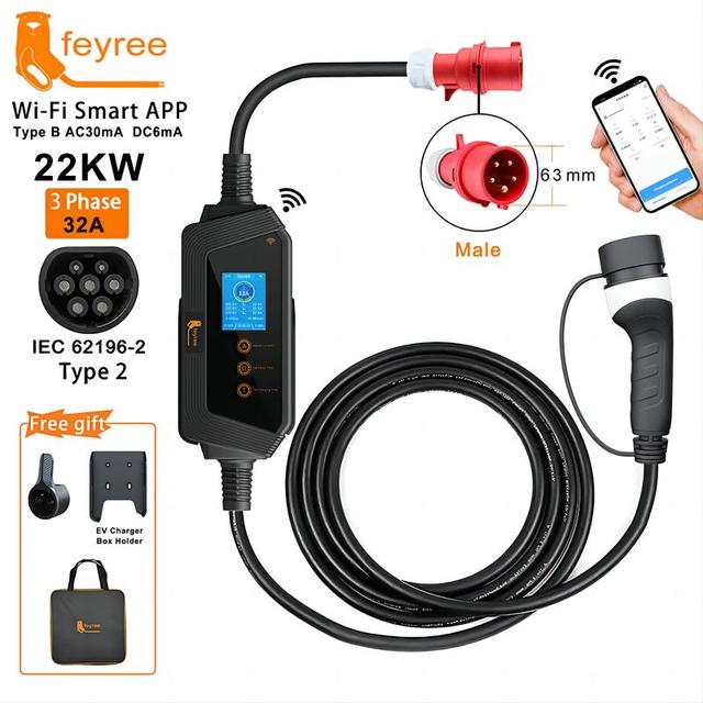 Feyree 7KW Level 2 Portable EV Charger 22KW 32A Smart Wall-mount Charging Box with WIFI & APP for Electric Cars
