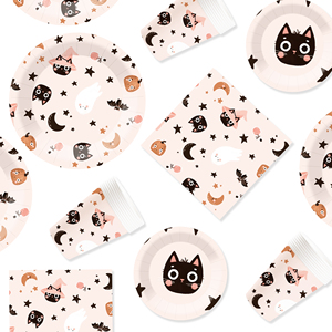 อุปกรณ์จัดปาร์ตี้ฮาโลวีน DAMAI ลายฟักทอง แมวดำ และผีน่ารัก ดีไซน์สีม่วงและดำ จานและผ้าเช็ดปากธีมฮาโลวีน - Product Image 2