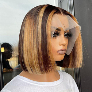 <span class=keywords><strong>Parrucca</strong></span> Frontale in Pizzo Francese Senza Colla, Bob Corto Marrone Zenzero, 13x4, Densità 200%, Capelli Remy Brasiliani Doppia Trama, Pizzo Trasparente - Product Image 1