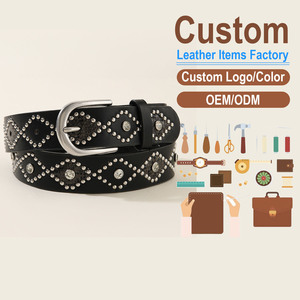 Cinturón de Cuero Vacuno con Patrón Geométrico, Hebilla con Pedrería Incrustada, Estilo Casual Duradero, Moldeado en una Sola Pieza - Product Image 1