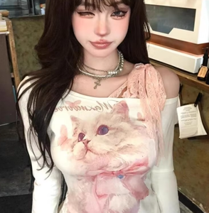 American-style Spicy Y2K One-character Collar Long-sleeved T-shirt Women's Open-shoulder Lace <strong>Stitching</strong> Trendy <strong>Top</strong> - Product Image 1