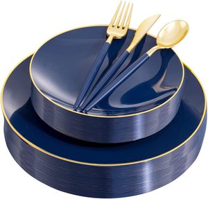 150PCS Blue Plastic Plates - Gold Plastic Silverware with Blue Handle - Navy Disposable Plates