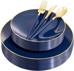 150 Stuks Blauwe Plastic Borden-Goud Plastic Zilverwerk Met Blauw Handvat-Navy Wegwerpborden