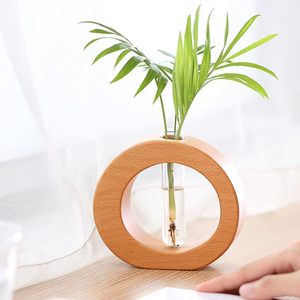 Wooden Hydroponic Plant Vase Round Minimalist Design For Indoor <b>Desk</b> Decoration - Product Image 5