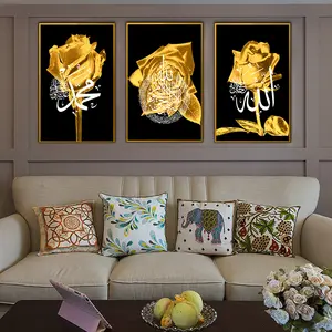 Allahu AKbar Posters Canvas Painting Golden Rose Romance Islamic Mosque Wall Art Home Decor Crystal Porcelain Painting