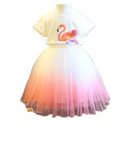 短款传统大石基休闲一体式印花印度块火烈鸟印花粉色蓬松女童连衣裙