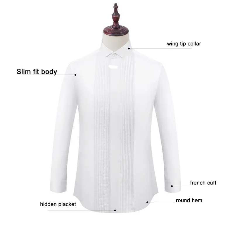 Hidden Placket Wing Collar Tuxedo Shirt for men White Pleats Pin tuck Front Uniform Shirt with Bowtie
