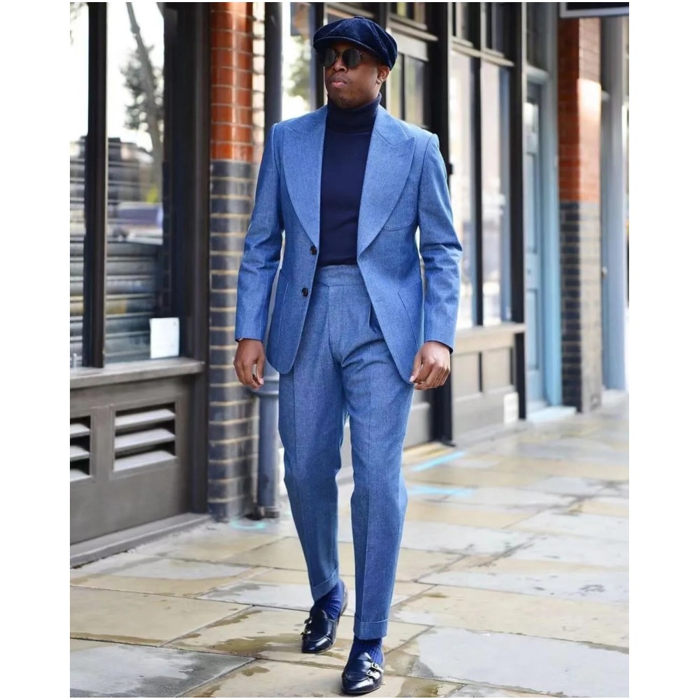 Summer Blue Linen Men's Tuxedo Suit Set - Slim Fit Peaked Lapel for  Weddings & Casual Events, Perfect Groom & Guest Attire