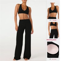 Ensemble 2 pièces de sous-vêtements de sport/yoga pour femme, taille haute, couleur unie, en Spandex/Nylon, anti-transpiration, dos froncé, jambe droite, longueur intégrale