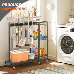 Portascopa in Metallo Antiruggine, Organizzatore per Prodotti di Pulizia, Carrello Portaoggetti, Ganci per Mop, Supporto per Attrezzi per Pulizie - Product Image 2