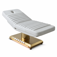 Lit de beauté électrique à 3 moteurs, colonne dorée brossée, base lumineuse LED chaude, trou pour le visage, pour thérapie, salon, spa, microblading, clinique
