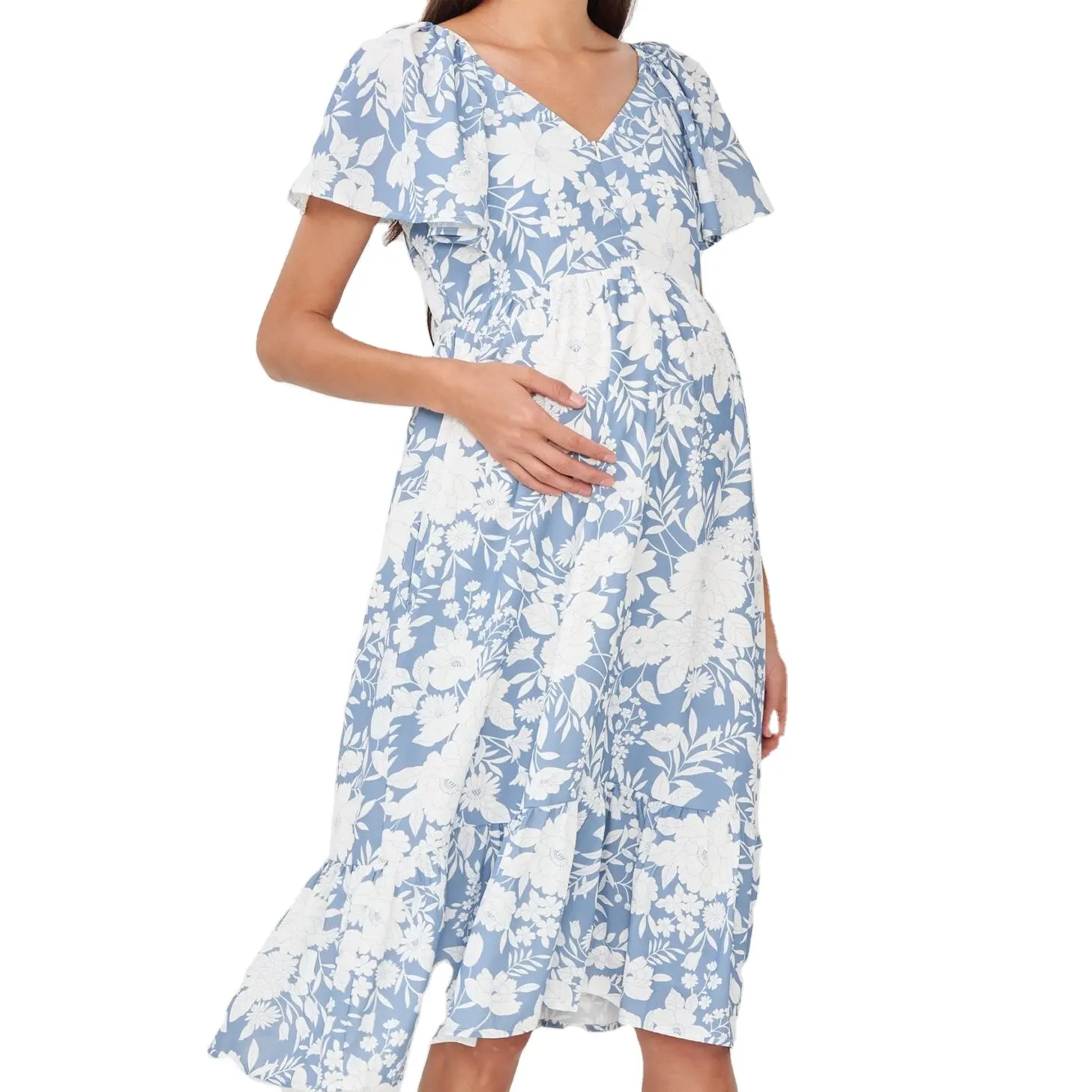 Casual Knitted Pregnant Clothes Floral Print Wrap Knot Side Bodycon Women Maternity Dresses