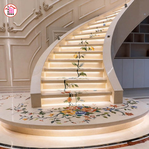 <span class=keywords><strong>Escalier</strong></span> en marbre courbé sur mesure avec incrustation florale au jet d'eau et éclairage LED intégré, design personnalisé pour villa de luxe - Product Image 1
