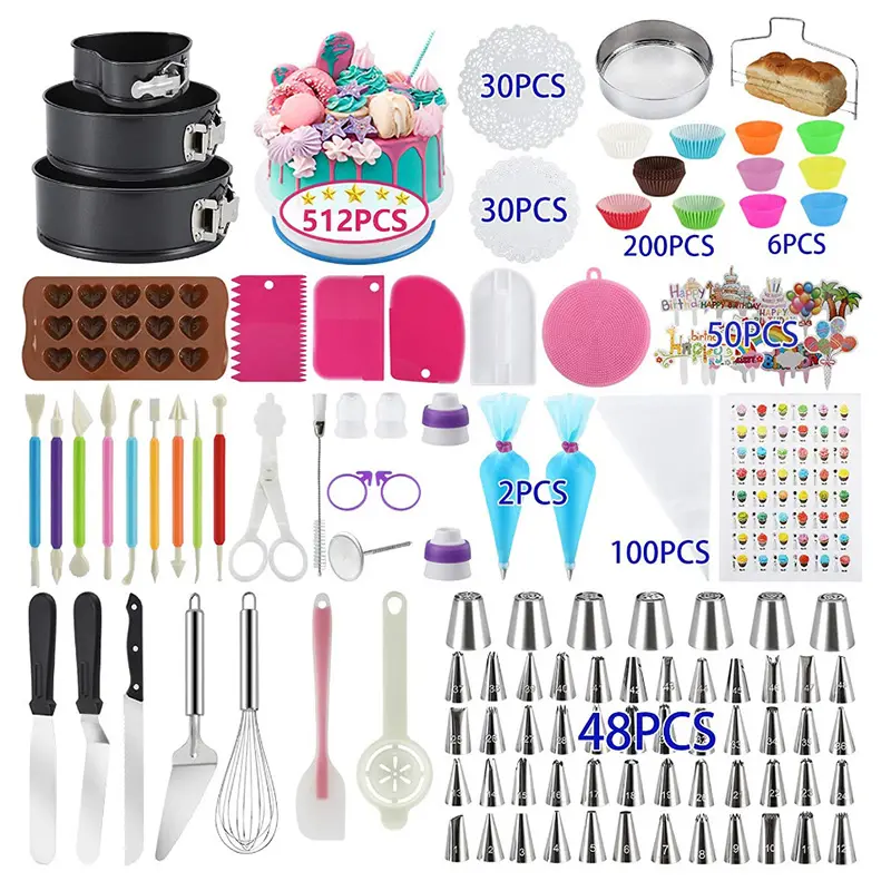 512 pcs cake decorating supplies with non-slip cake turntable cake pans baking supplie kit