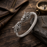 Bracelet jonc torsadé tête de loup viking nordique personnalisé, style punk motard, pour homme, bijoux de fête, vente en gros