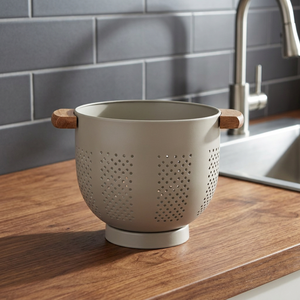 Passoire en acier inoxydable avec poignées en bois, compatible lave-vaisselle, lavage à la main uniquement, design durable - Product Image 3