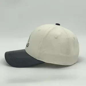 Topi bisbol katun kustom dengan pinggiran kulit topi Logo bordir kustom