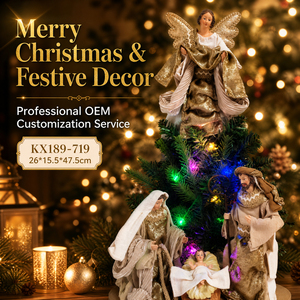 Figurines en résine de la Sainte Famille avec ange, sapin lumineux à LED et crèche de Noël, centre de table - Product Image 1