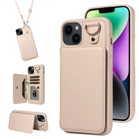 Étui de téléphone portable antichoc pour iPhone 14 Plus, 3 emplacements pour cartes et poche pour argent, blocage RFID, avec cordon et béquille, vente en gros