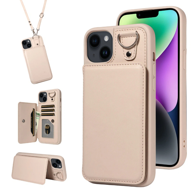 Shockproof Mobile Phone Case for iPhone 14 Plus, 3 Card Slot & Cash Pocket , RFID Blocking, with Lanyard and Kickstand Wholesale